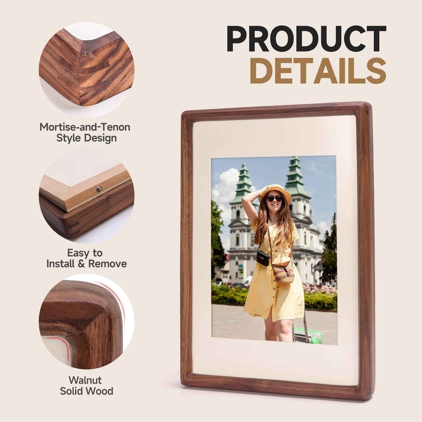 1x1.4 1.8x2.4 2x3 Solid Walnut Mini Picture Frame, Small Wood Photo Frame with Decorative Joinery Corners, Instax