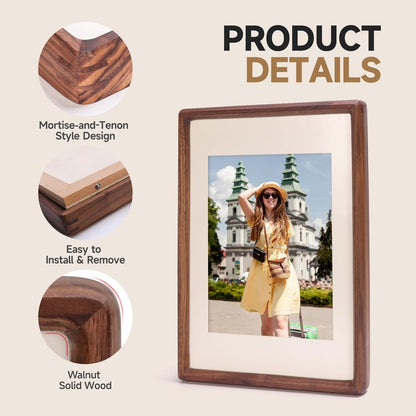 1x1.4 1.8x2.4 2x3 Solid Walnut Mini Picture Frame, Small Wood Photo Frame with Decorative Joinery Corners, Instax