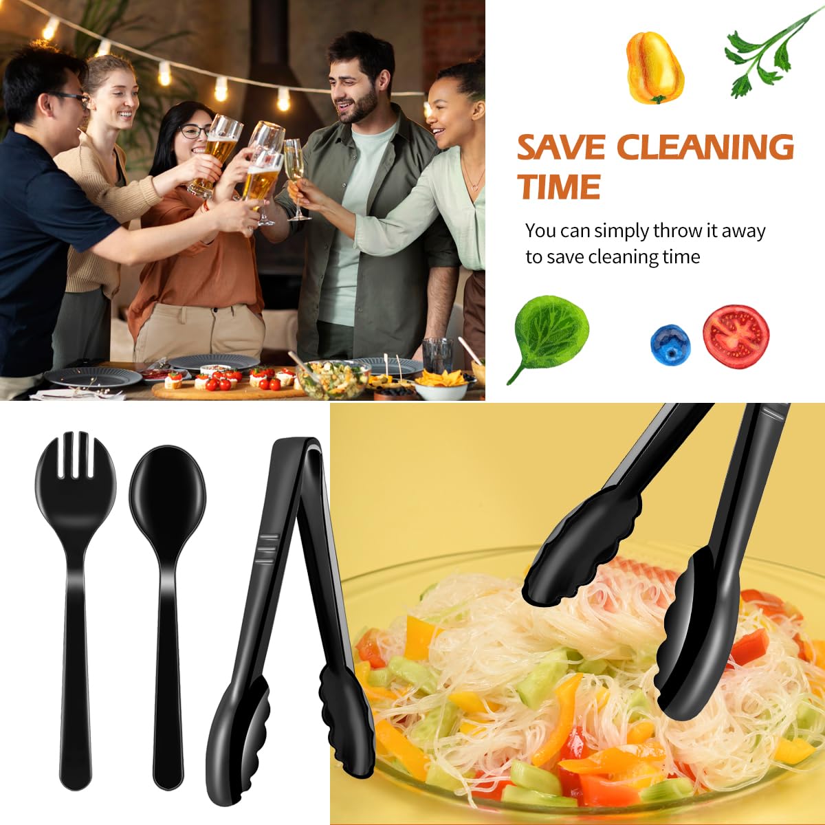 45Pcs Plastic Serving Utensils Set Black Disposable Serving Spoons Tongs Forks for Serving Food Heavy Duty Large Serving Utensils Supplies for Parties Buffet Restaurant Dinner