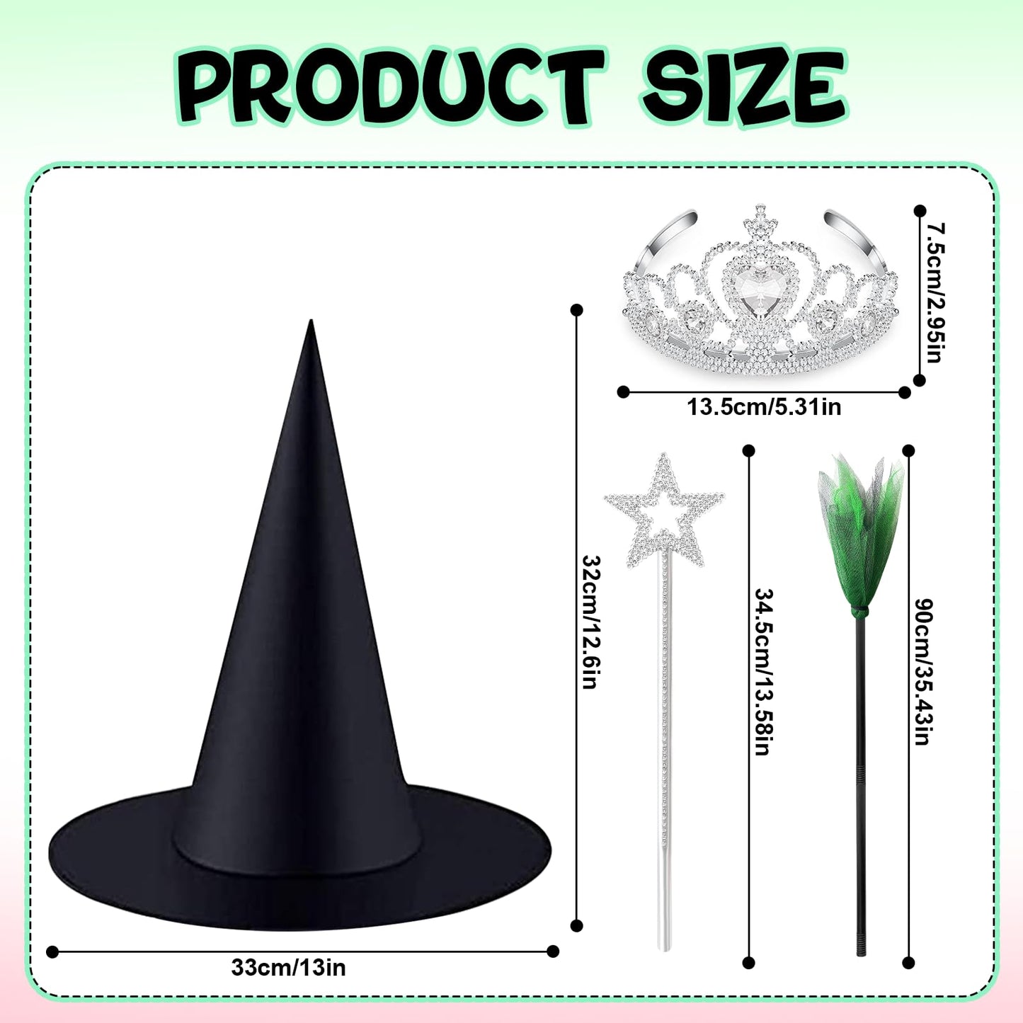 Yoloodayy 24 Pcs Witch Hats Brooms and Princess Crowns Star Wands Set Glitter Princess Accessories for Adults Witch Party Supplies Christmas Pink Green Party Decor Photo Props