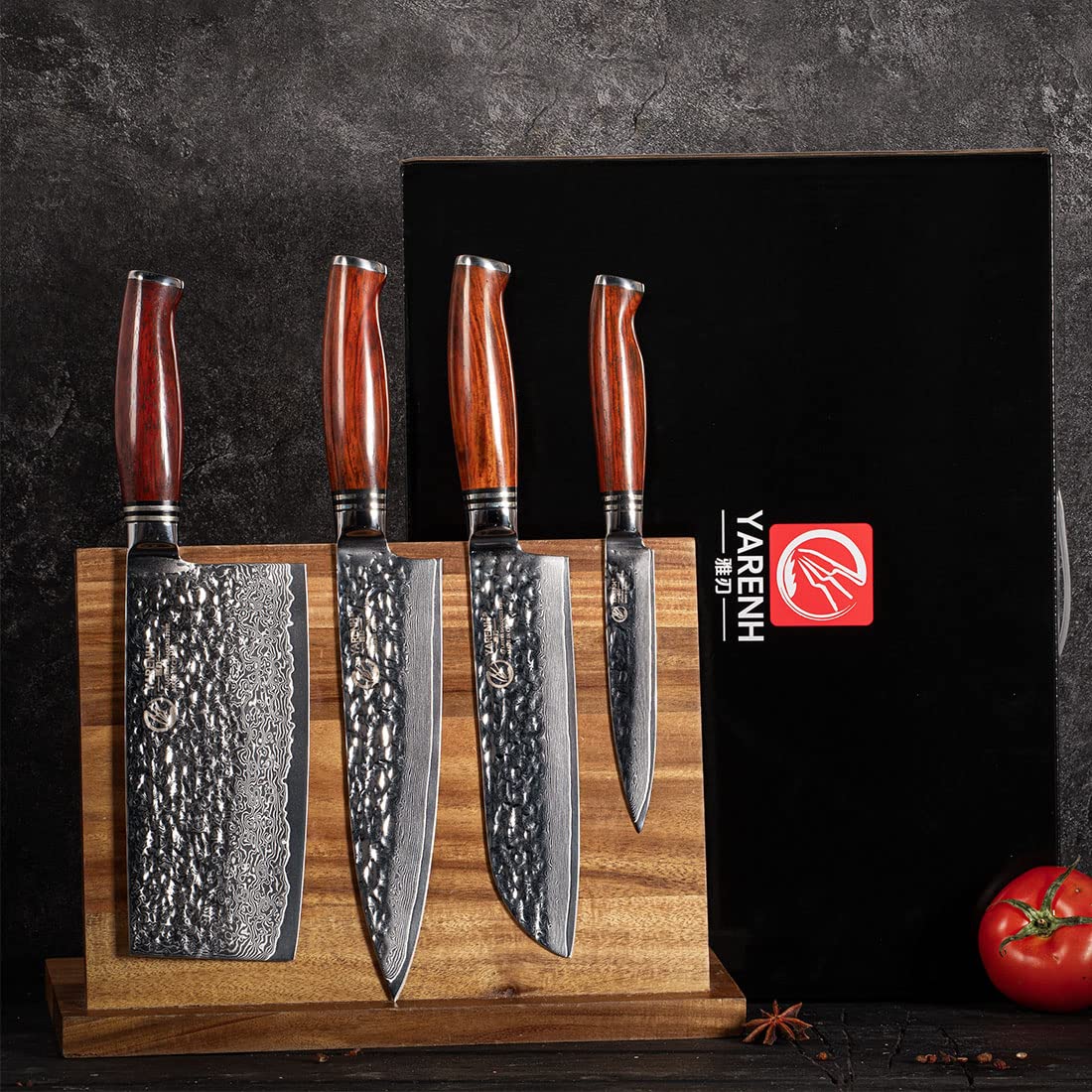 YARENH Cleaver Knife Set with Magnetic Block, Damascus Stainless Steel,73 Layers, 5 Piece Professional Sharp Kitchen Knife Set for Chef, Full Tang, Sandalwood Wood Handle