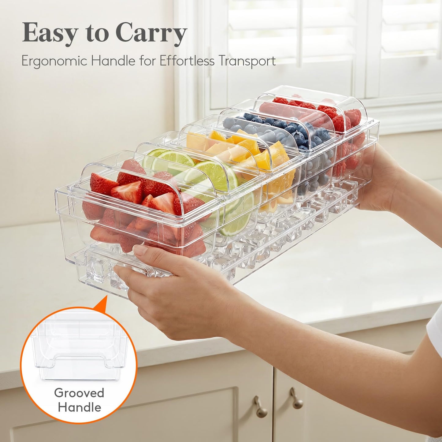 Lifewit Chilled Condiment Containers with Lids, Plastic Taco Bar Serving Set for Party with 5 Containers, Ice Garnish Tray for Mimosa Bar Supplies, Clear Serving Platter for Fruit, Salad, Snack