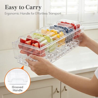 Lifewit Chilled Condiment Containers with Lids, Plastic Taco Bar Serving Set for Party with 5 Containers, Ice Garnish Tray for Mimosa Bar Supplies, Clear Serving Platter for Fruit, Salad, Snack