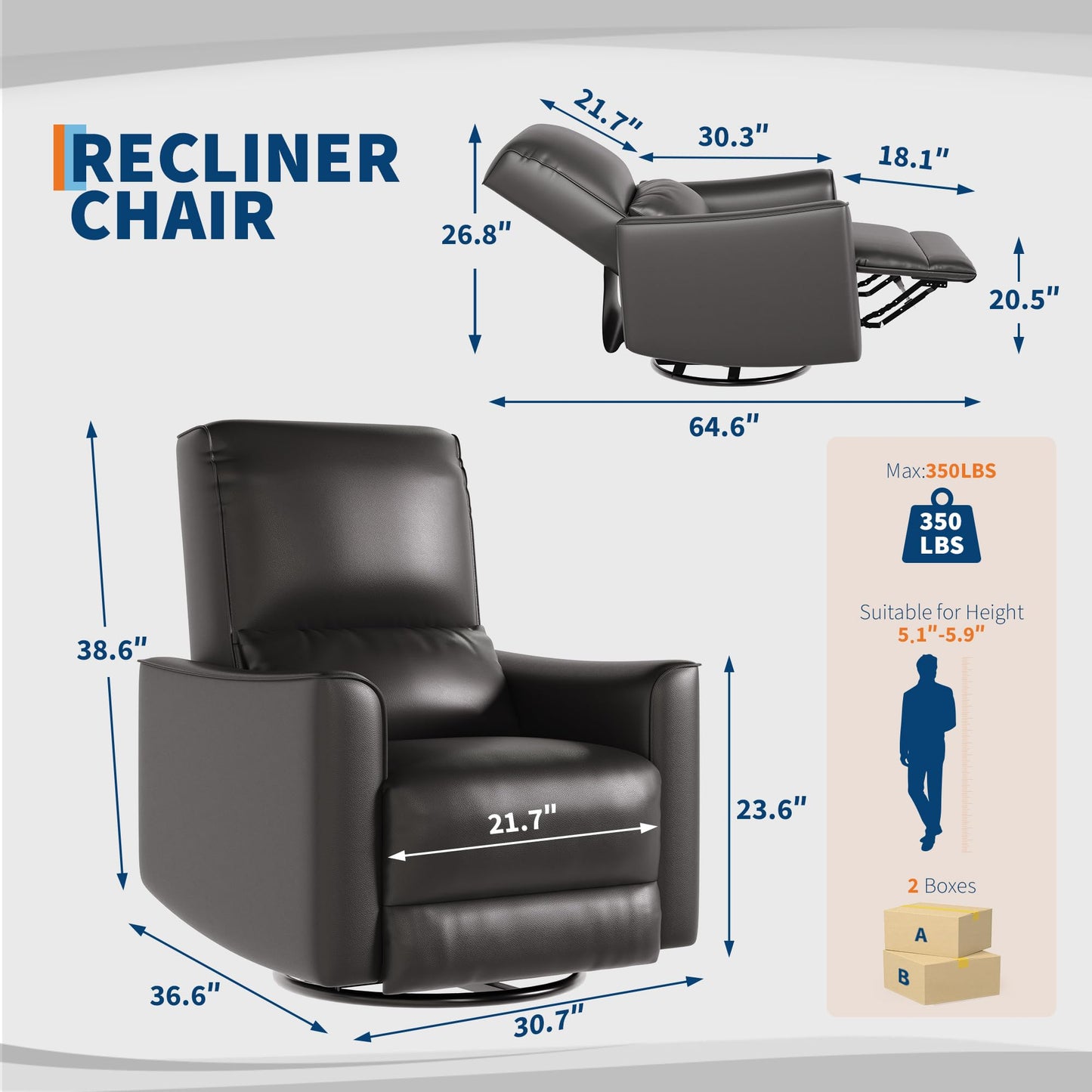 IDEALHOUSE Swivel Rocking Nursery Recliner Chair Rocker Recliner Glider Deep Seat PU Leather Sofa Chair with high Backrest for Nursery, Living Room, Bedroom & Home Movie Theater (Black)