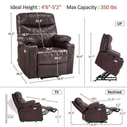 MCombo Small Power Lift Recliner Chair Sofa with Massage and Dual Heating, Adjustable Headrest for Elderly People Petite, USB Ports, Faux Leather 7111 (Dark Brown)