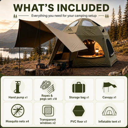 SENLEETO Inflatable Tents for Camping 6-8 People,174.81 Square Feets Igloo Tent, Inflatable Hot Tent with Stove Jack 4 Season Blow up Tents Waterproof Glamping
