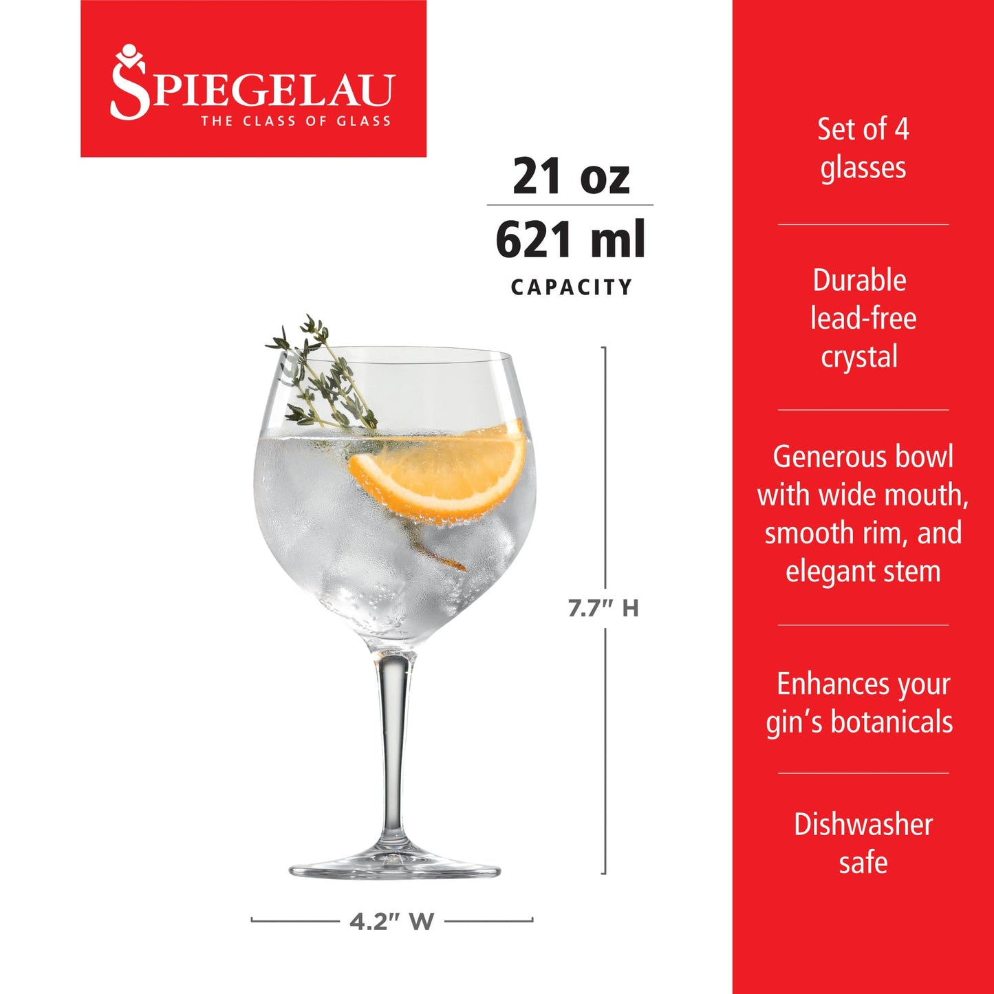 Spiegelau Gin and Tonic Glasses Set of 4, Crystal Balloon Cocktail Glasses for Gin Drinks, Spritzers and Mocktails, European-Made Glassware for Home Bar, Kitchen and Outdoor Party, 21 oz