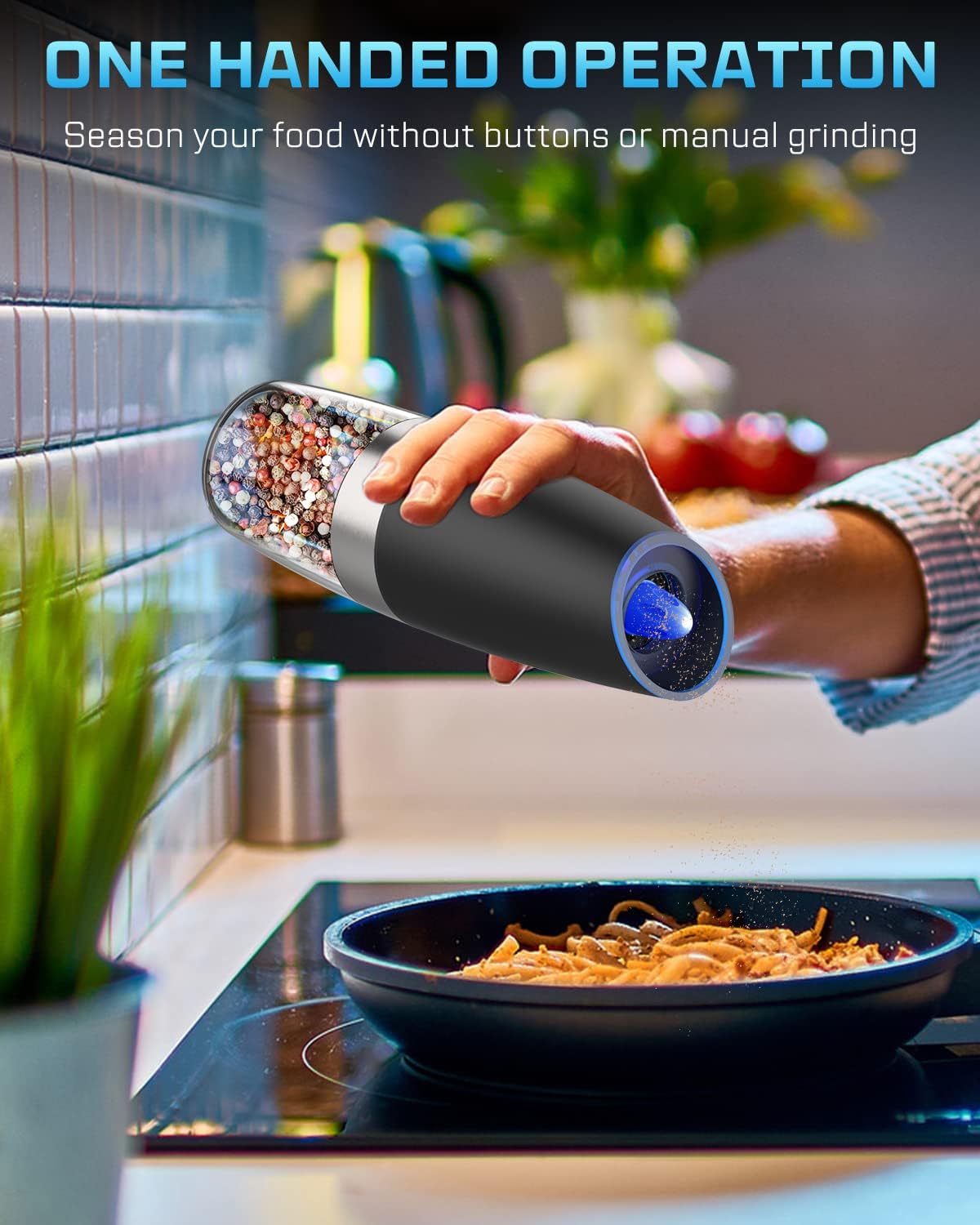 XinXu Gravity Automatic Electric Pepper and Salt Grinder, Auto Mill Shaker, Stainless Steel, Black with Blue LED Light