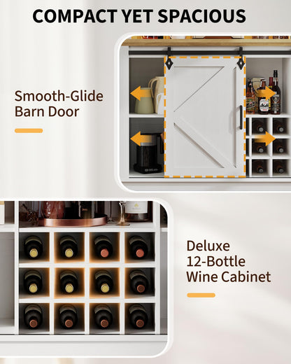 55 in Farmhouse Coffee Bar Cabinet with 3-Mode LED Light and Power Outlet - Large Kitchen Hutch with Sliding Barn Door - Wine Cabinets with Storage Drawers and Wine Glass Rack for Home and Living Rome