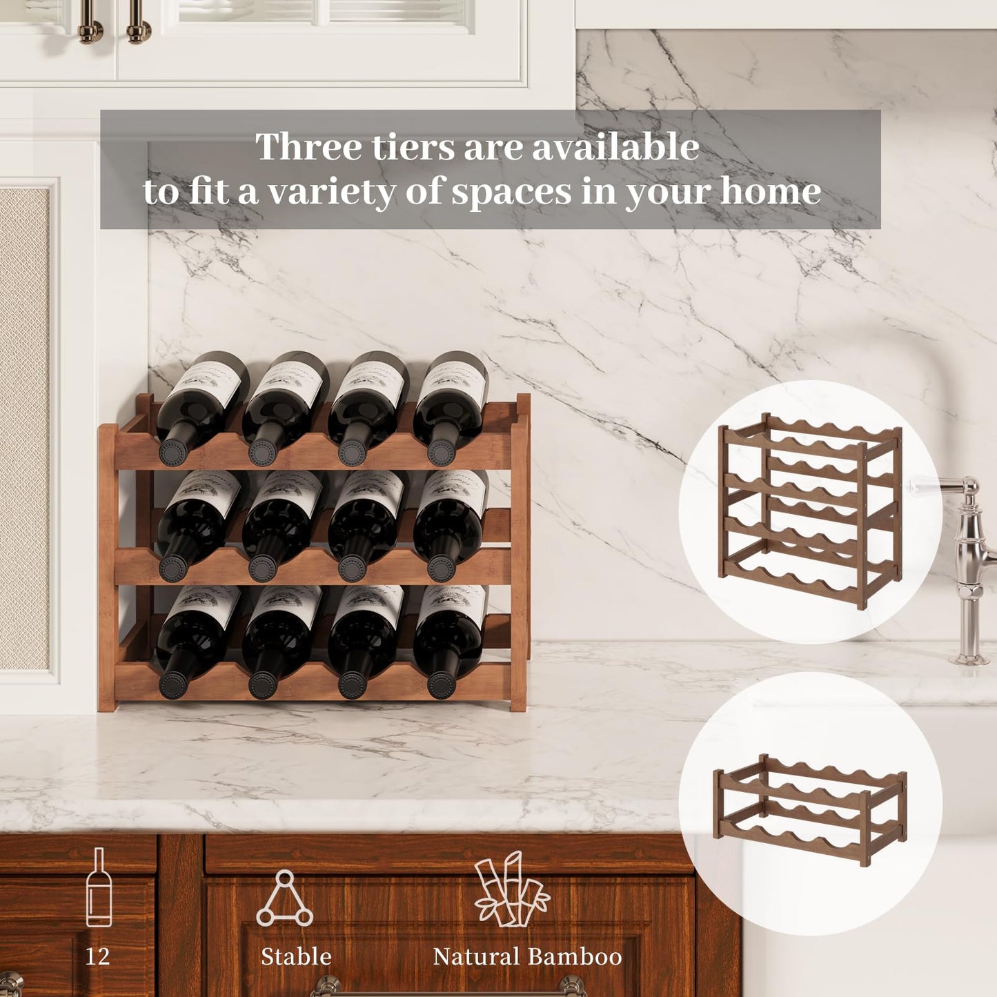 AUGOHCMIL Wine Rack，Bamboo Wine Storage Cabinet Shelf，Countertop Wine Shelf- Freestanding Wine Holder for Kitchen & Pantry (Brown, 3-Tier)