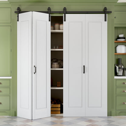 64" x 84" Paintable Bifold Barn Door, No Assembly Required, 1 Panel Bi-Fold Sliding Closet Doors with Hardware Kit Included, 72" Track Kit for 4 Doors, Pre-Drilled Holes, White