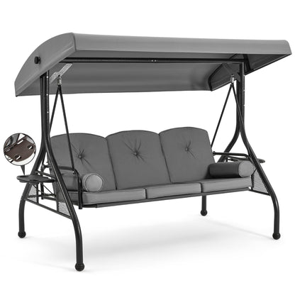 HOMREST 3 Seat Outdoor Porch Swing with 1.5" Deep Cup Holder, Adjustable Canopy,Patio Swing Bed with Stand, Patio Glider Swing with Thicken Cushions, Pillow(Grey)