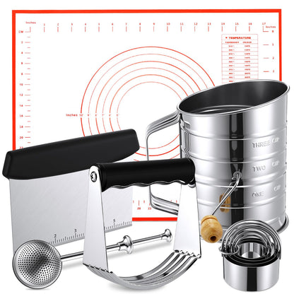 Teecyhooo 10 Pcs Stainless Steel Pastry Biscuit Cutter Set Include 3 Cup Flour Sifter Biscuit Cutter Pastry Scraper Dough Scraper Silicone Baking Mat Fine Mesh Strainer for Cooking Cookies Donuts Cake