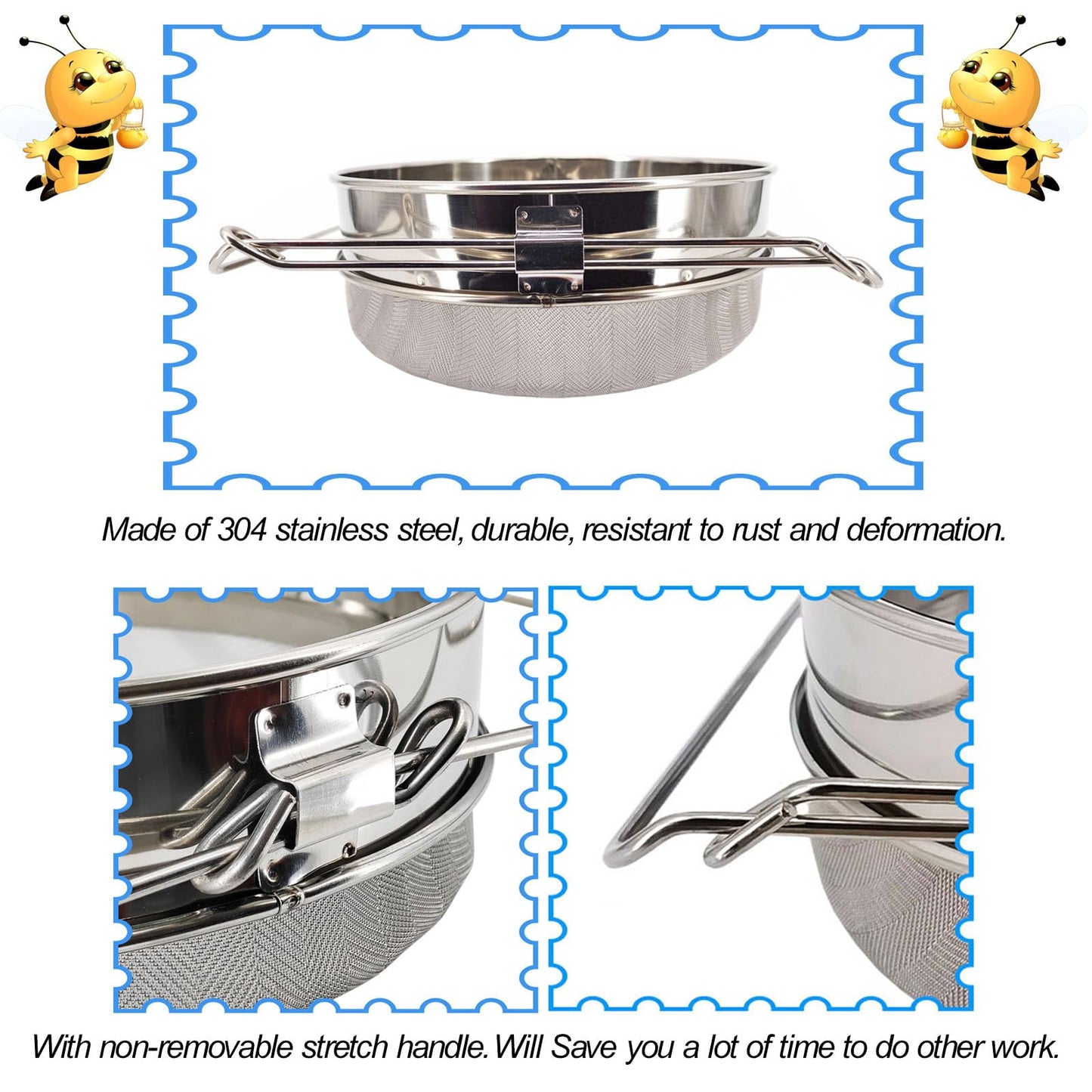 NIZEFEI Double Sieve Honey Strainer for 5 Gallon Bucket Stainless Steel Honey Filter with Up to 16.5 inches Extendable Arms Honey Processing Equipment