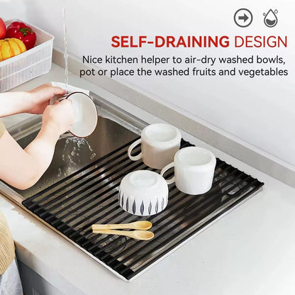 MERRYBOX Roll Up Dish Drying Rack Silicone Wrapped Over The Sink Dish Drying Rack Multipurpose Foldable Sink Drying Mat Anti-Slip & Anti-Rust Dish Rack for Kitchen, 17.5" x 13", Black