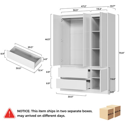 IRONCK 47.2" Armoire Wardrobe Closet with Drawers, White Armoire with Hanging Rods & DIY Adjustable Shelves, Modern Wardrobe with Soft-Close Hinges, Freestanding Closet for Bedroom