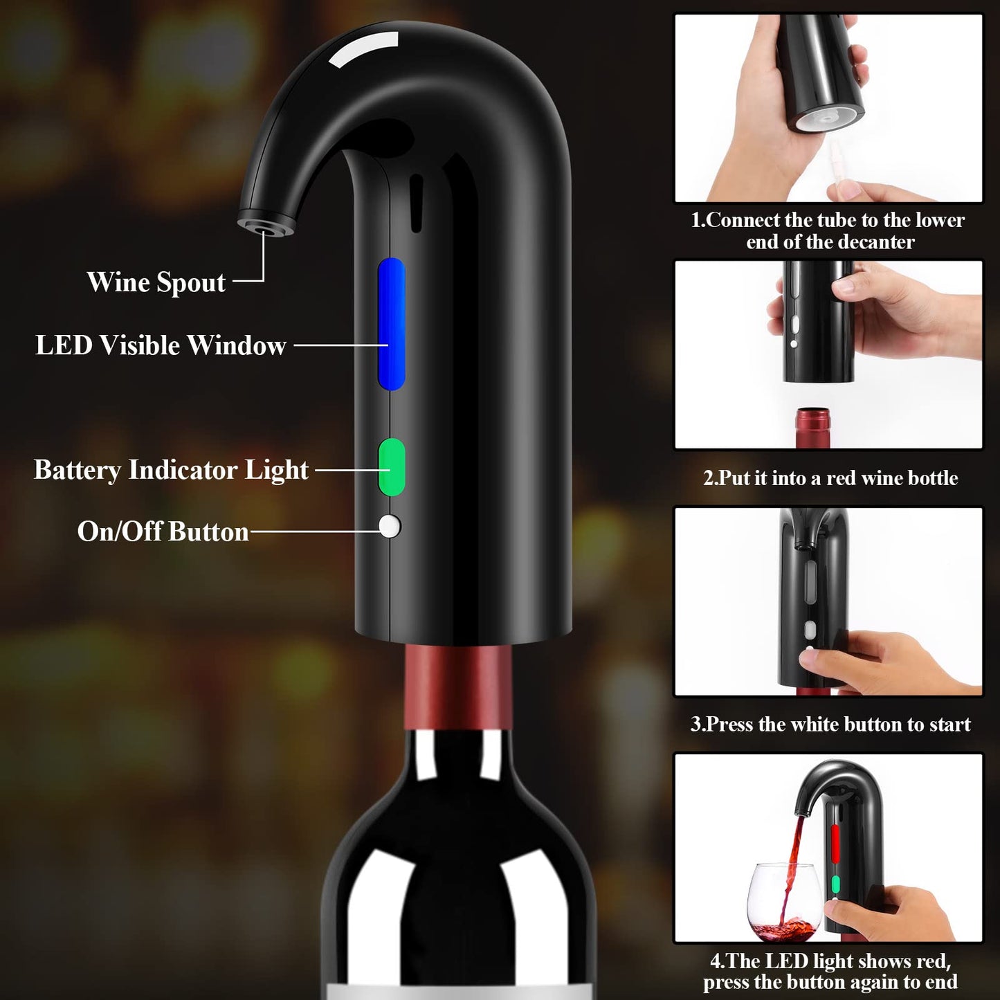 Wine Opener Valentines Day Gift Set with Electric Wine Bottle Opener, Wine Decanter&Wine Aerator and Pourer, wine stopper, Foil Cutter and EVA Storage Bag, Rechargeable and Automatic(Black)