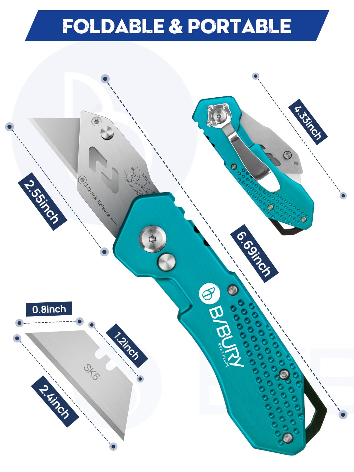 BIBURY Utility Knife, Heavy Duty Folding Box Cutter, Pocket Carpet Cutter Knife with 10 Extra SK5 Stainless Steel Blades, Easy Release Button, Belt Clip, Quick Change and Safety Lock-Green