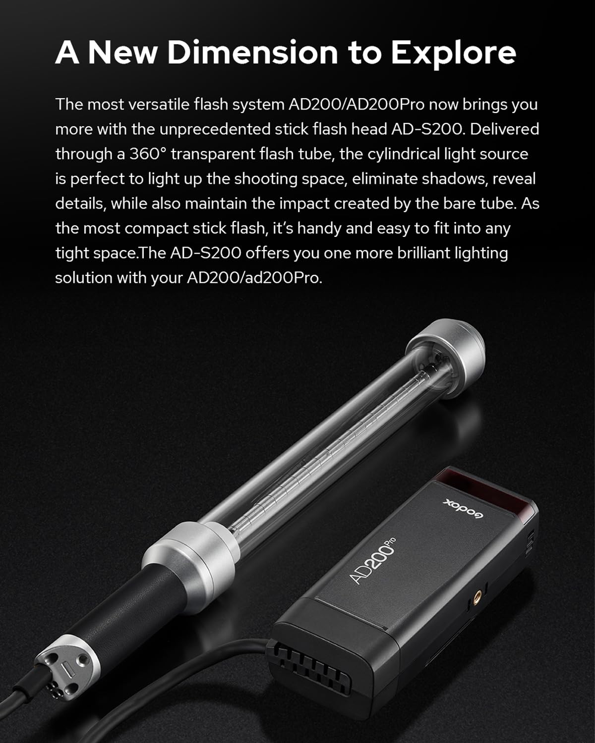 Godox AD200OPro II Accessories, Godox AD-S200 Stick Flash Head 200W 5800K for AD200, AD200Pro and AD200Pro II Pocket Flashes with Barn Door, Carry Bag