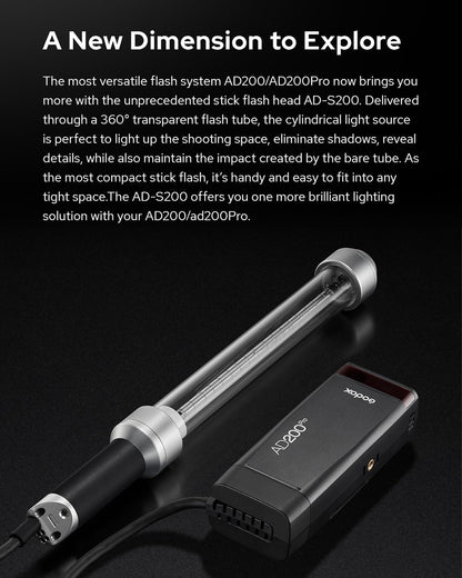 Godox AD200OPro II Accessories, Godox AD-S200 Stick Flash Head 200W 5800K for AD200, AD200Pro and AD200Pro II Pocket Flashes with Barn Door, Carry Bag