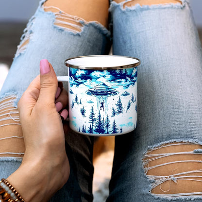 UFO Alien Abduction Enamel Camp Mug, Outdoor Camping Campfire Coffee Cup (12oz)
