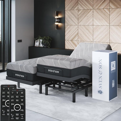 Sven & Son Bliss Adjustable Bed Base-Frame + 14 inch Hybrid Spring Matt (Medium Soft), Head and Foot Lift, Lumbar, Pillow-Tilt, Massage, Under-Bed Lights, USB - Split King