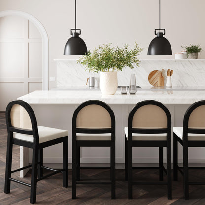 Nathan James Bailey Boucle Upholstered Rattan Bar Stool, Counter Height Stool with Natural Rattan Woven Back For Kitchen Island, White/Black Oak, Set of 4