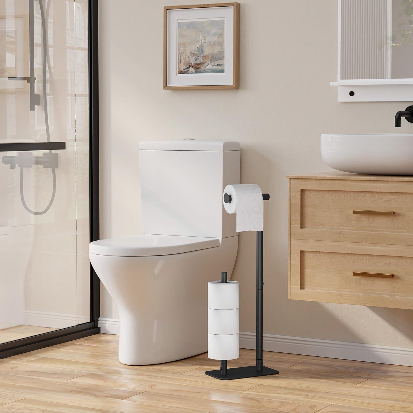 Kitsure Toilet Paper Holder Free Standing - Large Capacity Toilet Paper Holder for 4 Rolls, Rustproof Toilet Paper Stand with Non-Slip Stable Base, Black, Medium