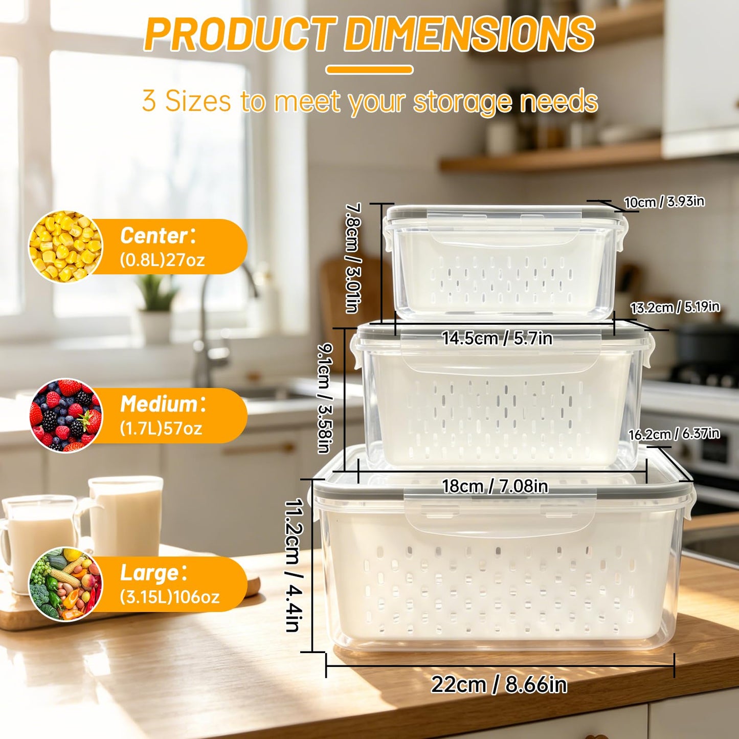 IKKAB 3 Pack Fruit Storage Containers for Fridge with Removable Colander, Airtight Produce Storage Containers for Fridge, 4-in-1 Fruit and Vegetable Storage, Berry Keeper, Stackable Veggie Containers
