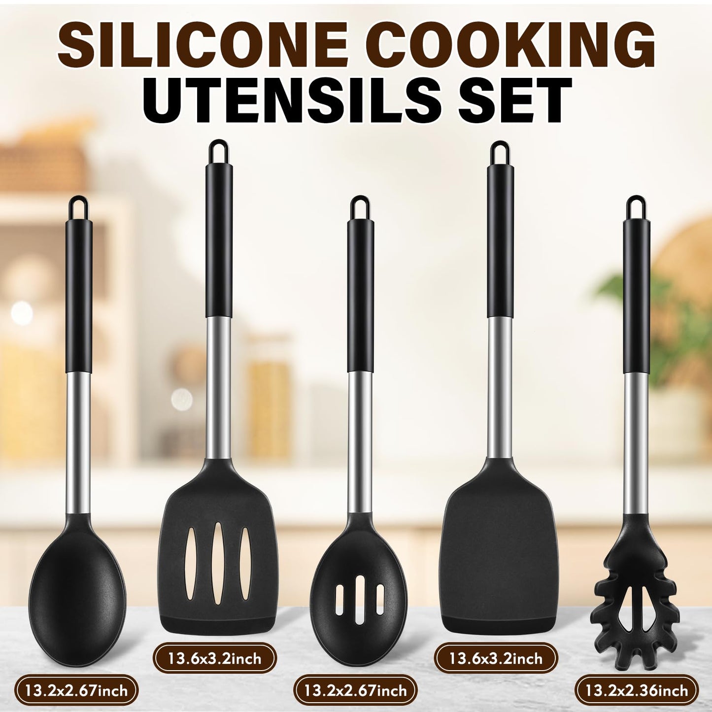 5Pcs Silicone Cooking Utensils Set, Heat Resistant Kitchen Tools Include Solid&Slotted Spatula, Cooking Spoon and Pasta Server, Silicone Kitchen Utensils set for Nonstick Cookware Flipping, Black