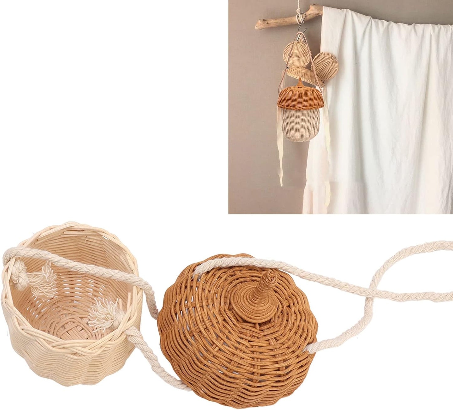 Rattan Woven Basket, Portable Pine Cone Shape Storage Basket, Hand Crafted Wall Hanging Box for Room Decoration