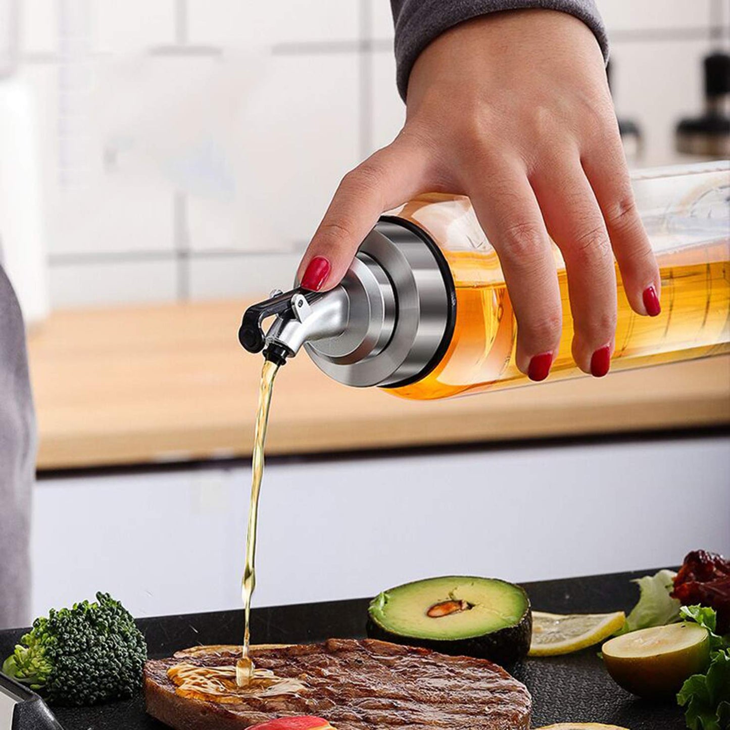 Olive Oil Dispenser Bottle, Liquid Condiment Container, 10 Oz Vinegar Dispensing Cruets With Dripless Capped Spout, Glass Decanter for Kitchen with Degree Scale