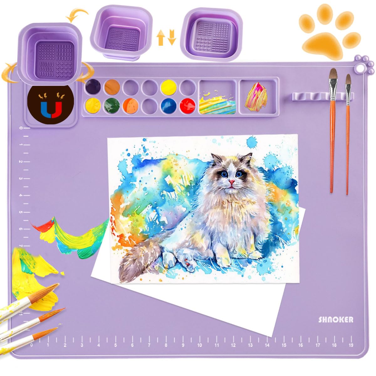 SHNOKER Silicone Craft Mat 21.7"x17.7" Super Large Silicone Painting Mat with 1 Magnetic Cup and Color Palette for Kids and Artist (Purple)