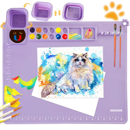 SHNOKER Silicone Craft Mat 21.7"x17.7" Super Large Silicone Painting Mat with 1 Magnetic Cup and Color Palette for Kids and Artist (Purple)