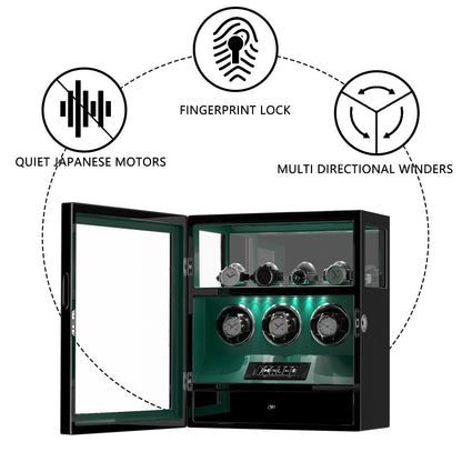 DUKWIN Watch Winder, Fingerprint Lock Automatic Watch Winder for 3 Watches with 4 Holders,300-2300 TPD,Digital Display, Remote Control,Jewelry Storage and Adjustable Watch Pillow and LED Light,Green