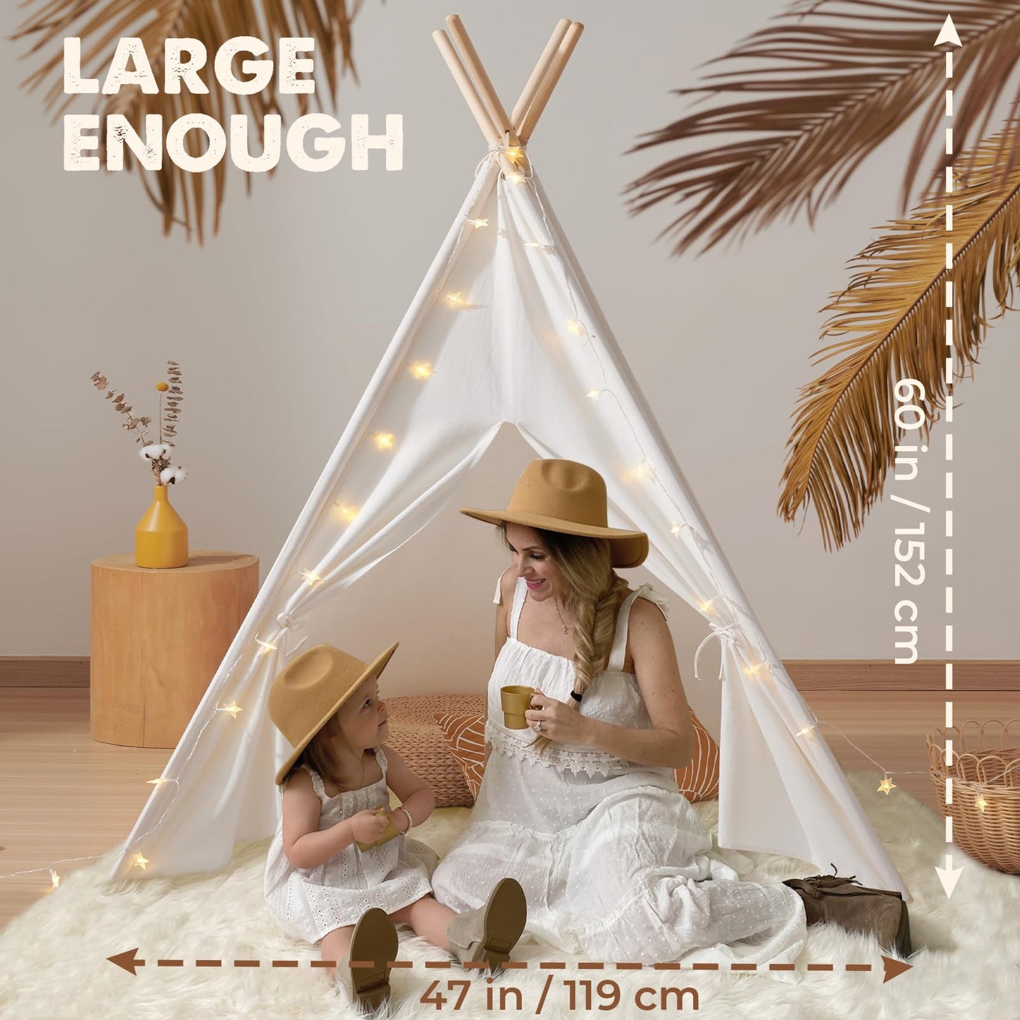 Tiny Land Teepee Tent for Kids – 100% Cotton Play Tent with Padded Mat & Star Lights, Foldable with Carry Bag, Indoor Play Tent for Girls & Boys