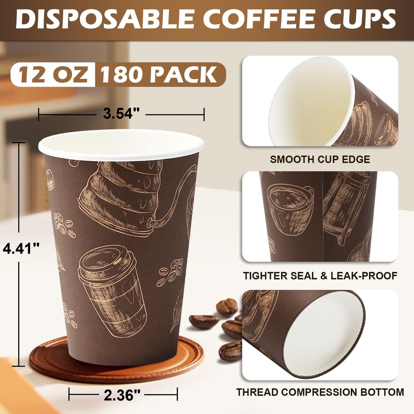 Huifany Coffee Cups 12 oz Paper Cups 180 Pack, Thickened Paper Coffee Cups Disposable 12 oz Coffe Cup, Hot/Cold Beverage Drinking Cup for Office, Home, Party