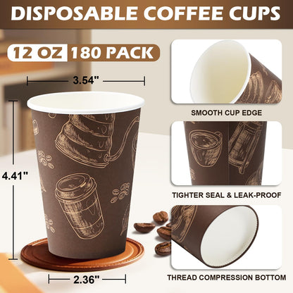 Huifany Coffee Cups 12 oz Paper Cups 180 Pack, Thickened Paper Coffee Cups Disposable 12 oz Coffe Cup, Hot/Cold Beverage Drinking Cup for Office, Home, Party
