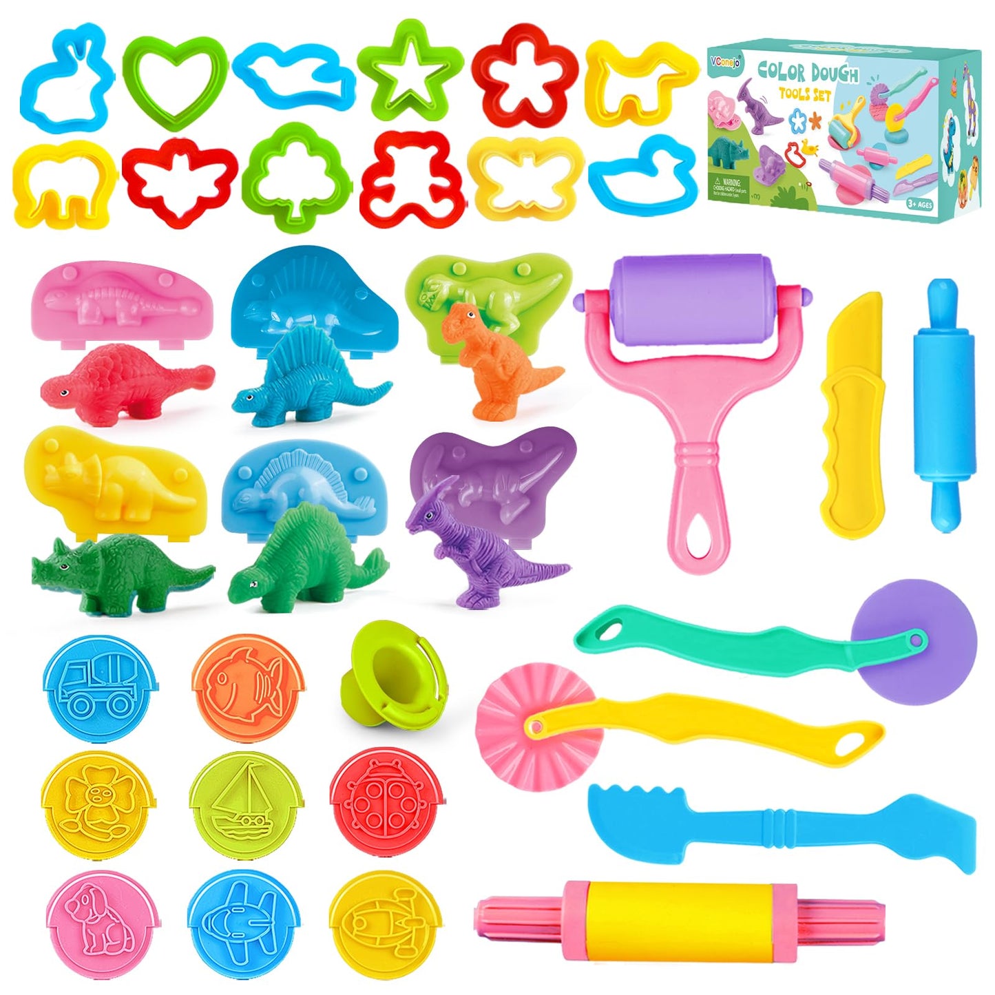 Dough Tools Set, 34 Pcs Dough and Clay Accessories with Stamp, Cutters, Dino Maker, Animals Molds, Rolling Pins, Modeling Clay Play Tools Kit for Boys Girls
