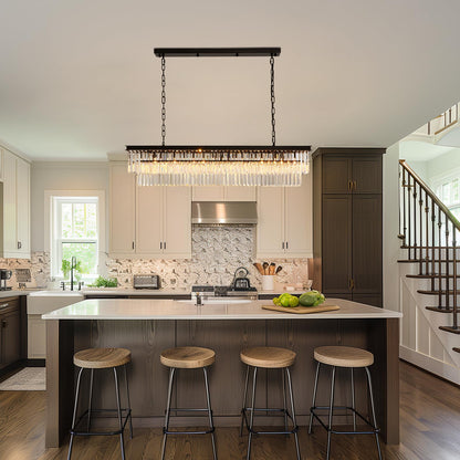 NOXARTE Rectangle Chandeliers for Dining Room, Modern Rectangular Crystal Chandelier Black 8 Lights Pendant Fixture for Kitchen Island Bar Living Room L47 Inch