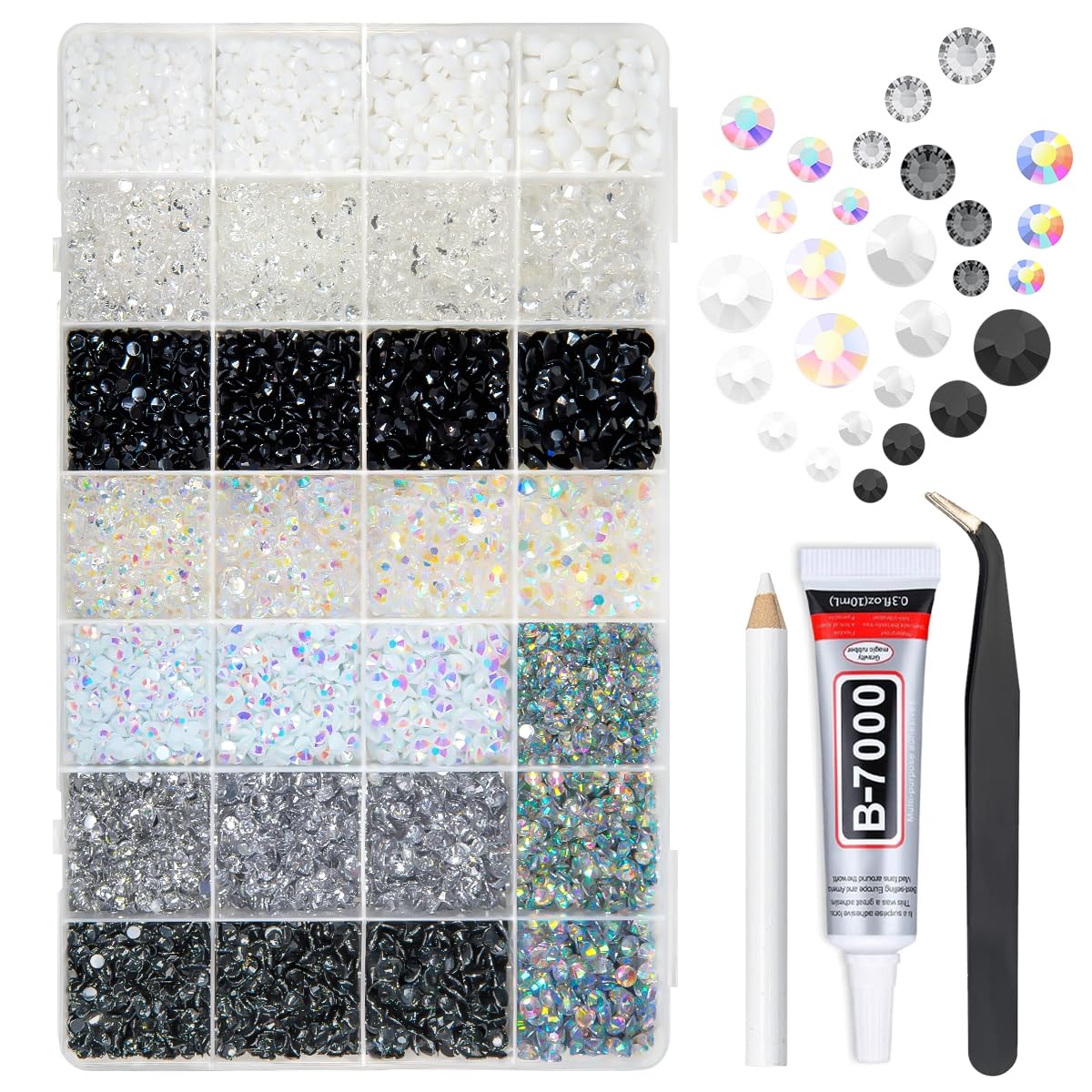 qiipii 28 Types Black White Silver Clear Jelly Resin Rhinestones w B7000 Glue for Bedazzling Crafting 3-6mm Flatback Stones Gems Diamonds Crystals for Face Makeup Crafts Tumblers Bottles Clothes Shoes