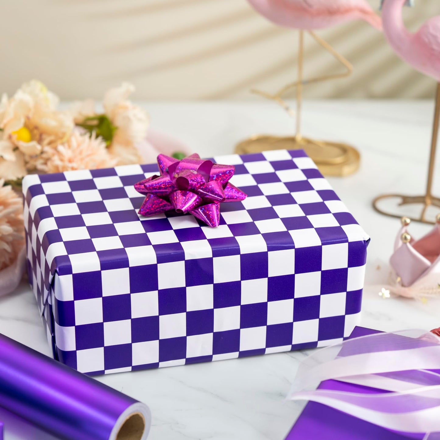 Homeral Purple Wrapping Paper Roll - 17 In x 33 Ft Matte Metallic Solid Color & Purple and White Checkered Reversible Gift Wrapping Paper for Birthday, Wedding, Christmas, Valentine, Baby Shower