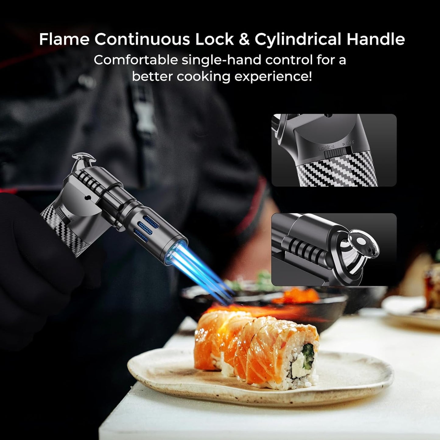 Quad Torch Lighter with Adjustable Flame, Refillable Windproof Blow Torch for Kitchen Cooking and BBQ