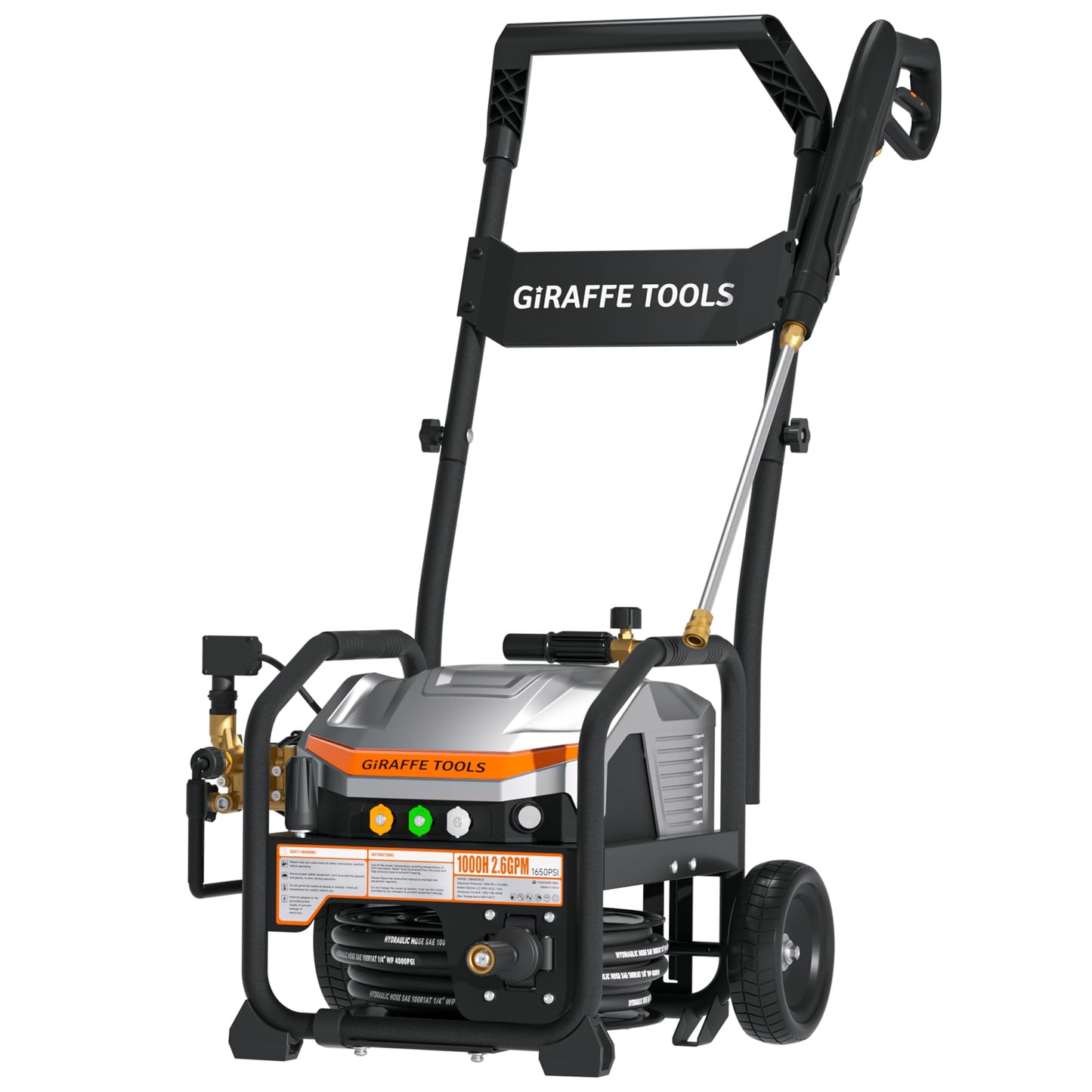 Giraffe Tools Crossfalls Retractable Pressure Washer Ultra, Max 2.6GPM 1650PSI with 1800W Brushless Motor, Wall Mount Electric Power Washer, 4-Nozzle, Automatic Rewind, 50ft Pressure Hoses with Cart
