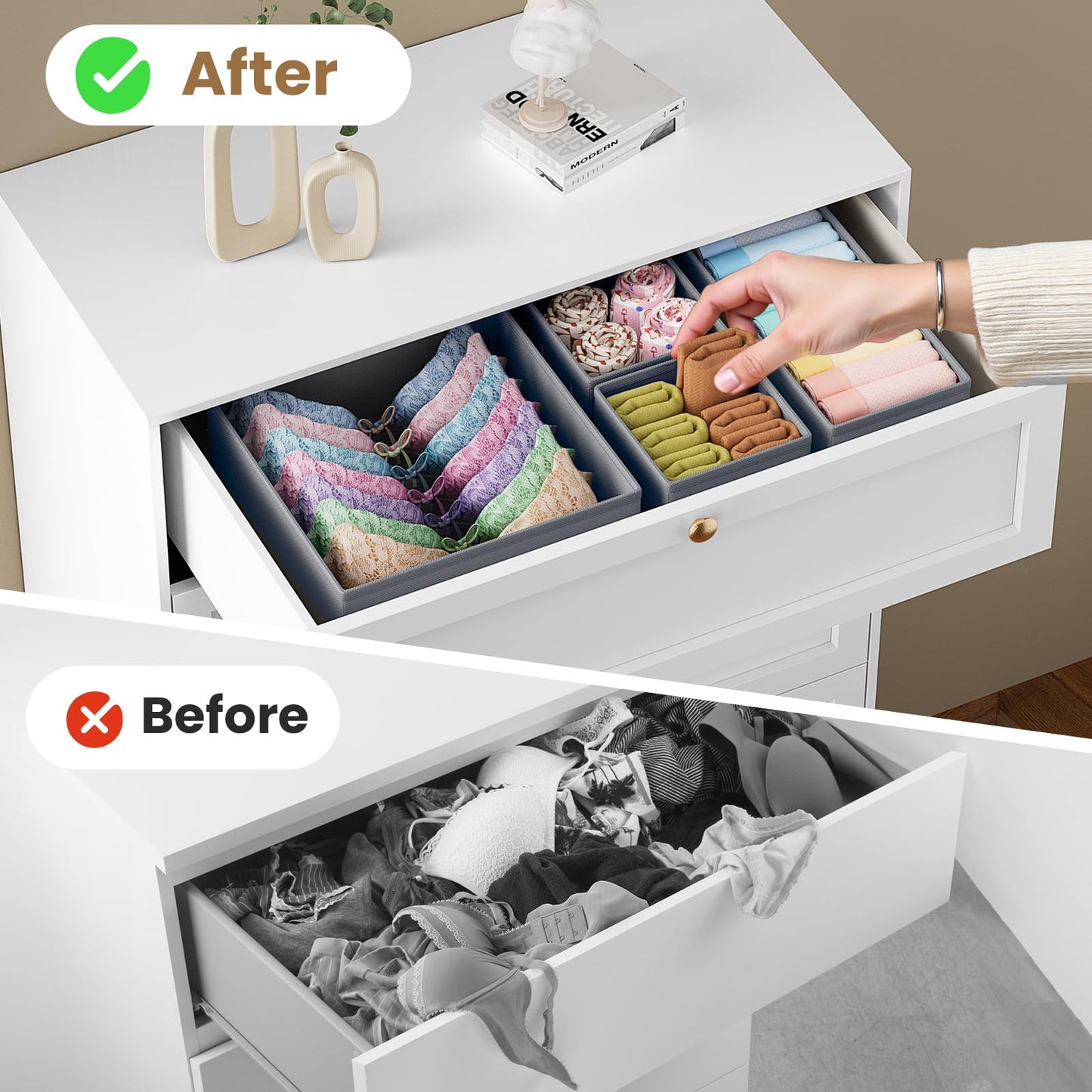 TasticTotes Drawer Organizer Clothes, 16 Pack Drawer Organizers and Underwear Organizer for Nursery, Dividers Clothes Organizer, Closet Organization and Foldable Storage Bins for Socks, Bra, Tie, Grey