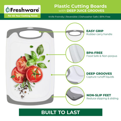 Freshware Cutting Boards for Kitchen, Chopping Board 3-Pack with Different Sizes, Juice Grooves and Non Slip Handles - Reversible, Large Cutting Board Set - Dishwasher Safe - Gray