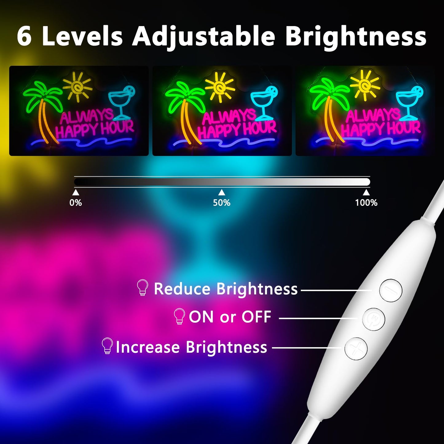 NINSNINT Always Happy Hour Neon Sign, Dimmables Beach Neon Signs for Wall Decor, Palm Tree Led Light Up Signs for Bedroom Bar Club Pub Man Cave Restaurant Party Decorations