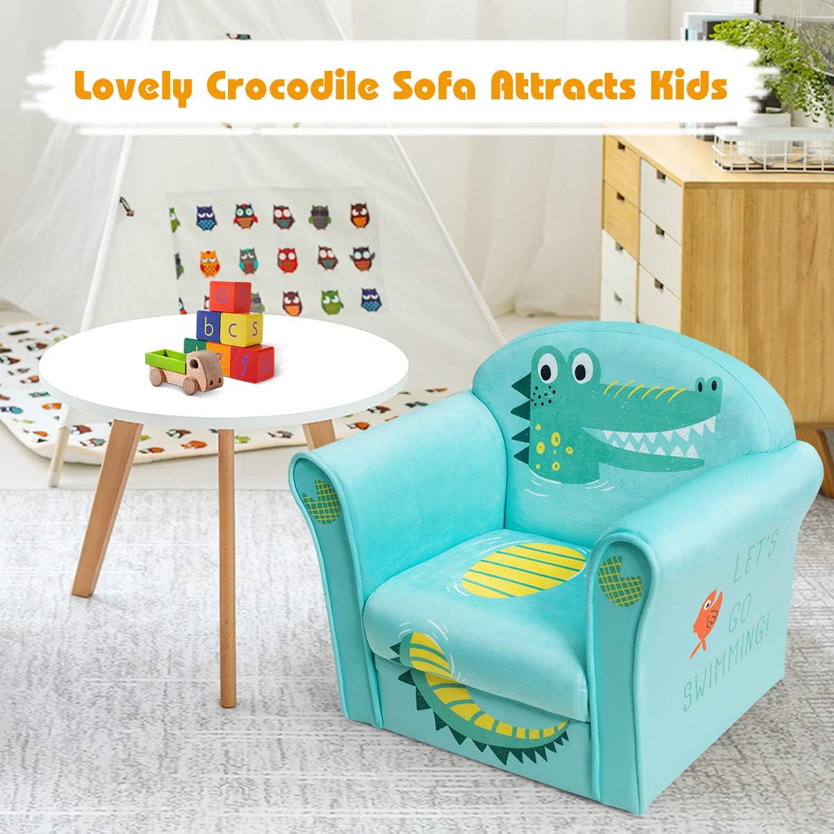 1-5 Costzon Kids Couch, Children's Sofa Armrest Chair with Pattern, Toddler Furniture w/Sturdy Wood Construction