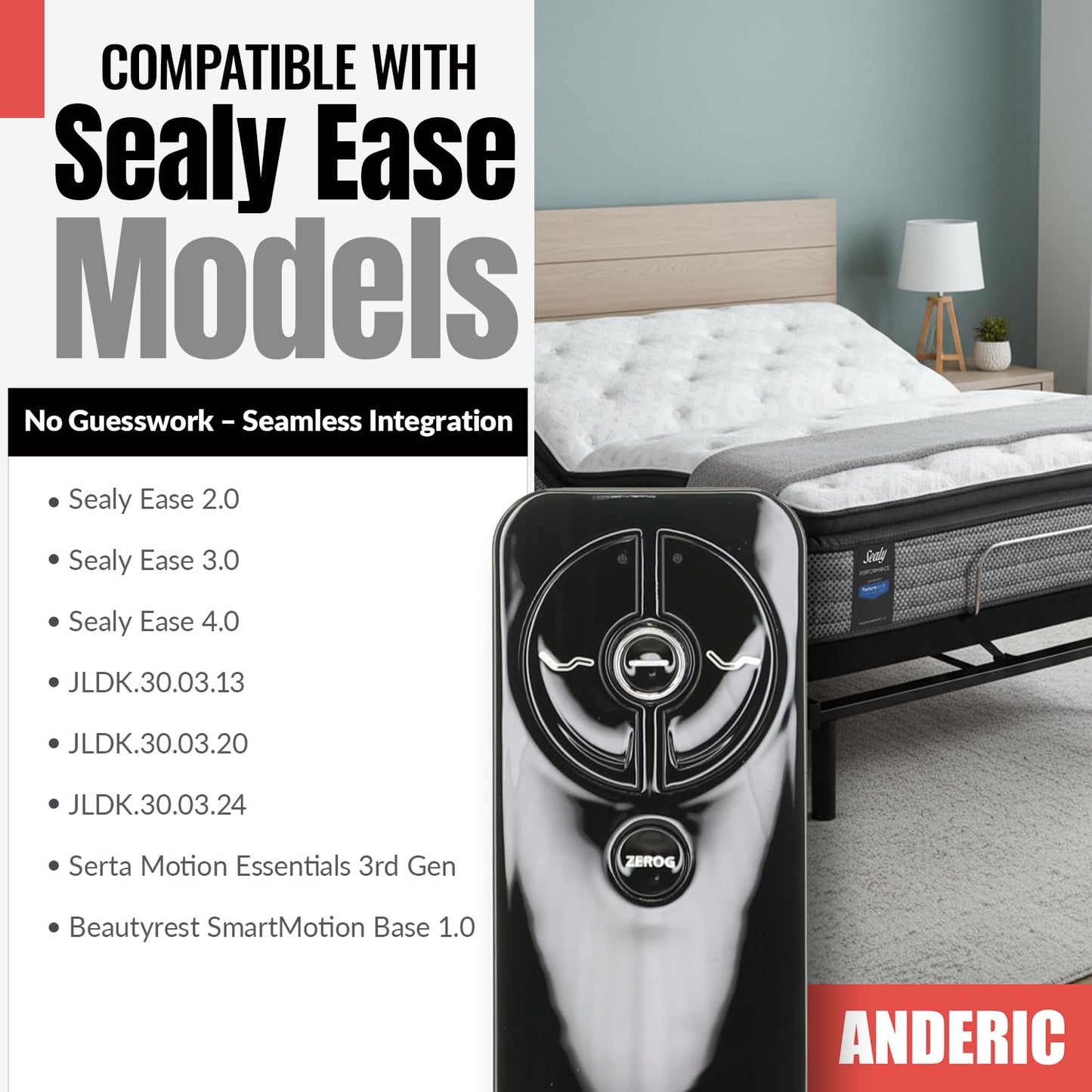 ANDERIC RF399A / RF368B for Sealy Ease Adjustable Bed Base Frames Remote Control | Works Sealy Ease Ergo 2.0, Ease 3.0, Ease 4.0 | Serta Motion Essentials 3rd Gen | Beautyrest SmartMotion Base 1.0