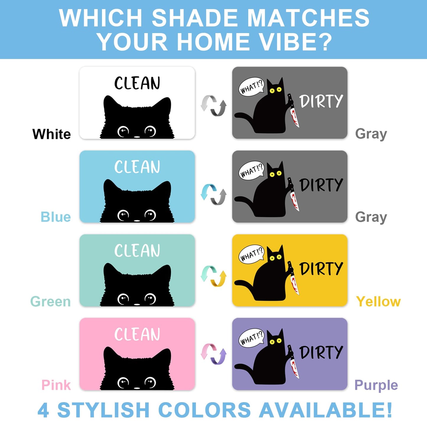 Funny Black Cat Cartoon Clean Dirty Dishwasher Magnet, Washing Machine Magnets Flip, Cute Cat Refrigerator Clean Dirty Sign, Double Sided Reversible Non Scratch Dish Washer Magnet Sign (White&Gray)